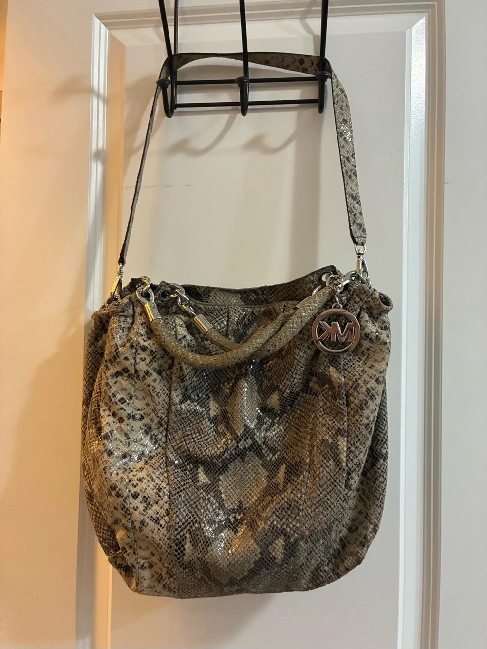 Michael Kors Brown Taupe Snake-Print Shoulder Bag